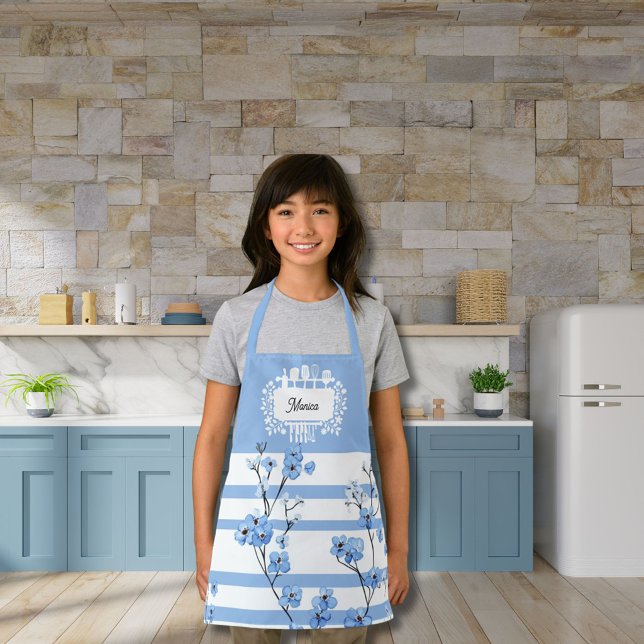 Tablier Nom personnalisé Fleurs bleues Design rayé (Créateur téléchargé)