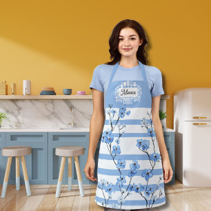 Tablier Nom personnalisé Fleurs bleues design rayé