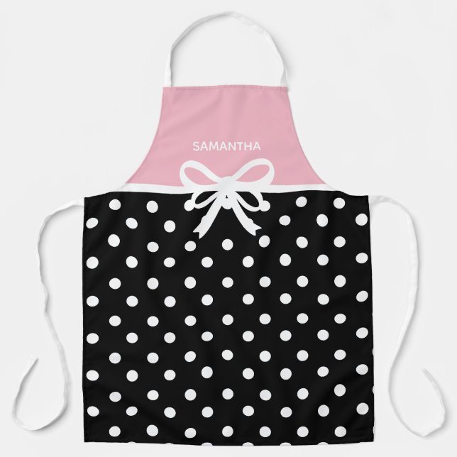 Tablier Nom personnalisé Pink Black Polka Point Ribbon Bow (Recto)