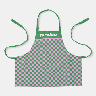 Tablier Nom personnalisé rétro à carreaux verts et roses