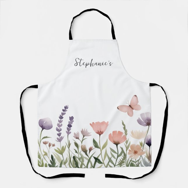 Tablier Nom personnalisé tendance Fleur sauvage aquarelle (Recto)