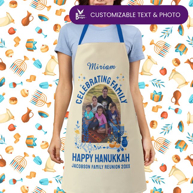 Tablier Nom photo personnalisé HANOUKKA FAMILY REUNION (Personalized CELEBRATING FAMILY Hanukkah apron with customizable photo and name. Matching gifts.)