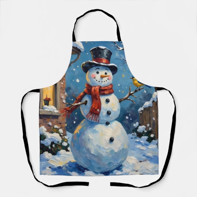Tablier Nostalgic Happy Snowman with Bluebird Winter Scene (Recto)