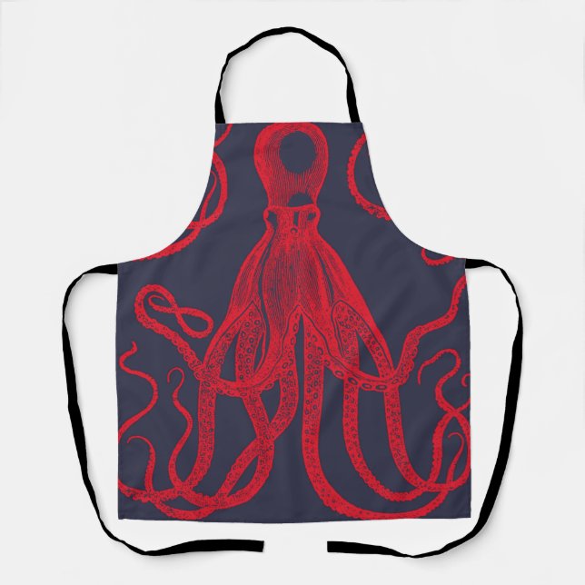 Tablier Octopus rouge antique en bleu (Recto)