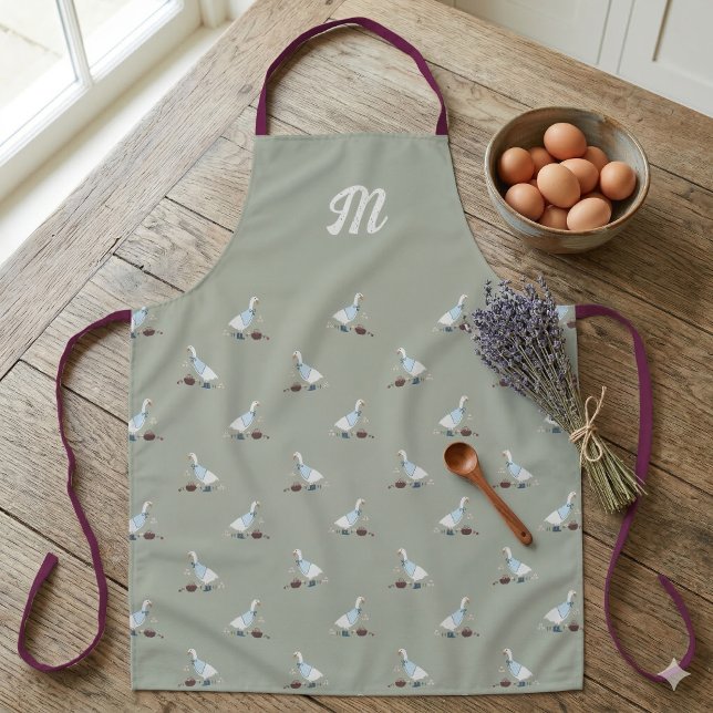 Tablier Oie de ferme verte Sage dans les bottes Monogramme (Créateur téléchargé)