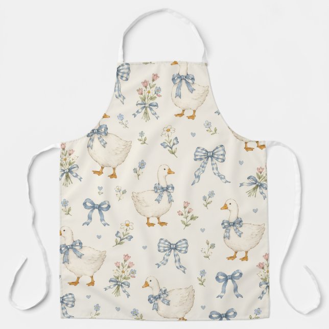 Tablier Oie Vintage et Nœud Gingham Bleu (Recto)