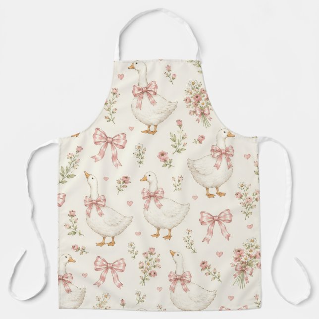 Tablier Oie Vintage et Nœud Gingham Bleu (Recto)