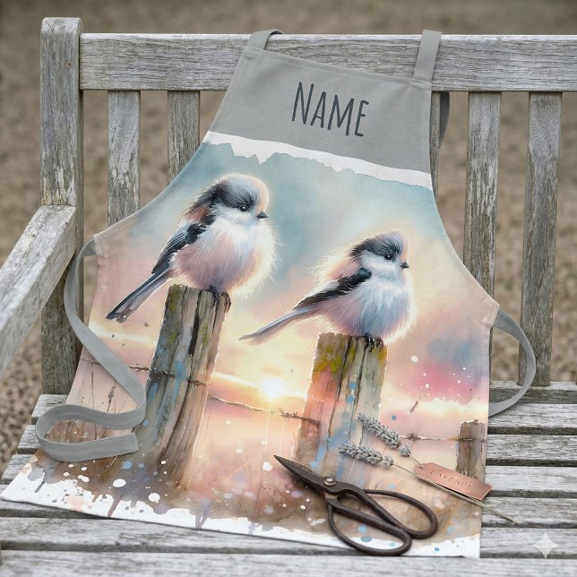 Tablier Oiseaux à l'aquarelle pastel sur une clôture au co (Pastel Watercolor Birds Fencepost Sunset Apron b)
