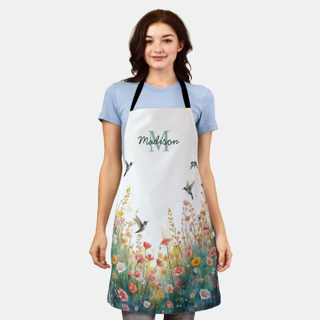 Tablier Oiseaux aquarelle de printemps Monogramme floral F (Porté)