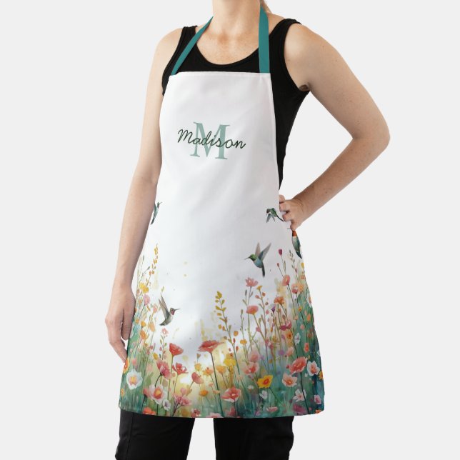 Tablier Oiseaux aquarelle de printemps Monogramme floral F (Insitu)