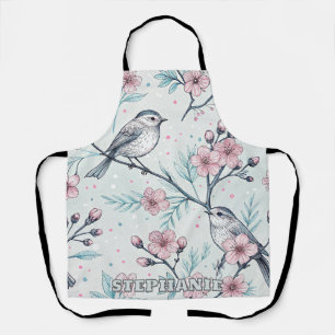 Tablier Oiseaux sarcelle élégants Fleurs de cerisier roses