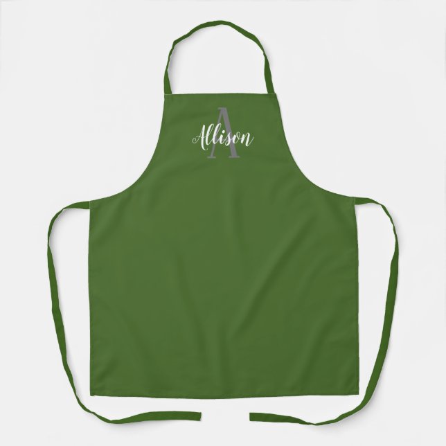 Tablier Olive vert moderne Script Monogramme Nom Femme (Recto)