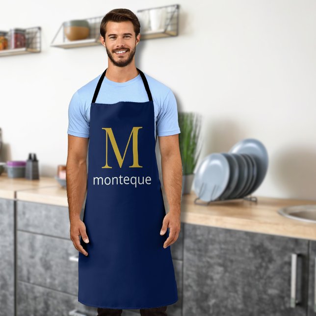 Tablier Or Navy Profond Monogramme Nom Personnalisé Luxe (Créateur téléchargé)