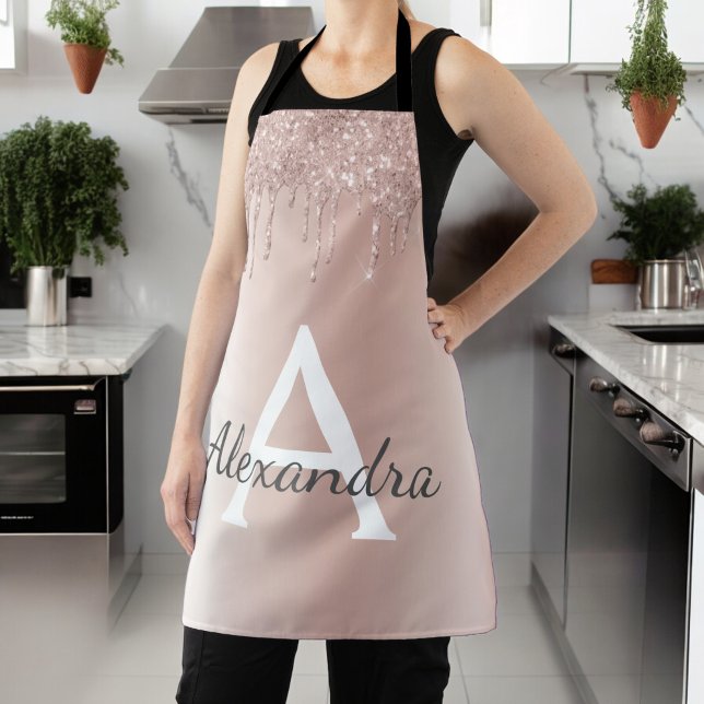 Tablier Or Rose Gold - Monogramme Nom Paillettes Rose Blus (Créateur téléchargé)
