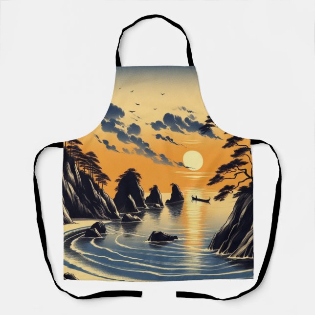 Tablier Orange Blue Sunset japonais Ink Style Plage Art (Recto)