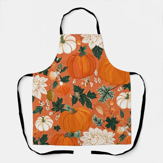 Tablier Orange Boho Citrouille Automne motif floral (Recto)