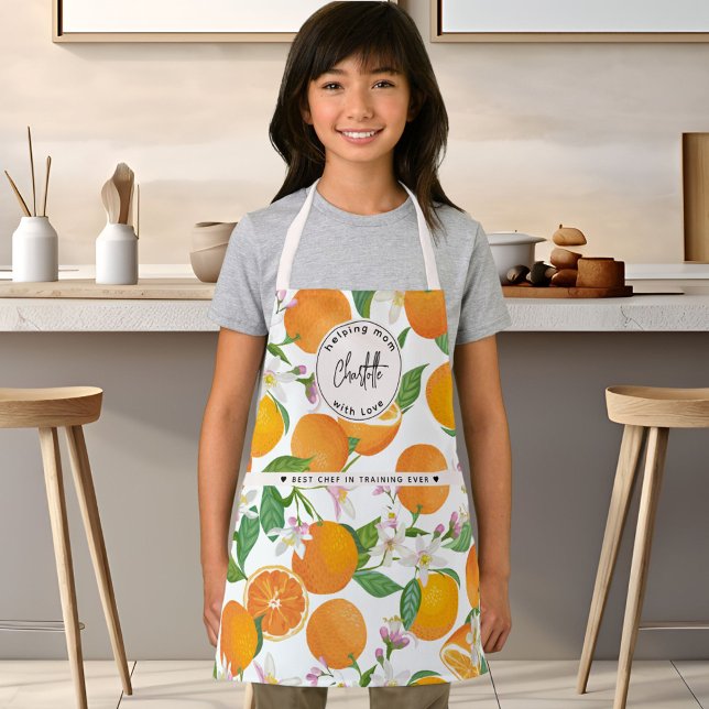 Tablier Orange Citrus Motif Aquarelle Enfants Nom (Orange Citrus Pattern Watercolor Kids Name Apron)