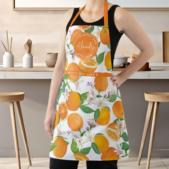 Tablier Orange Citrus Motif Aquarelle Meilleur nom maman (Orange Citrus Pattern Watercolor Best Mom Name Apron)