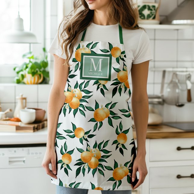 Tablier Orange Citrus Watercolor Monogram Name Apron (Créateur téléchargé)