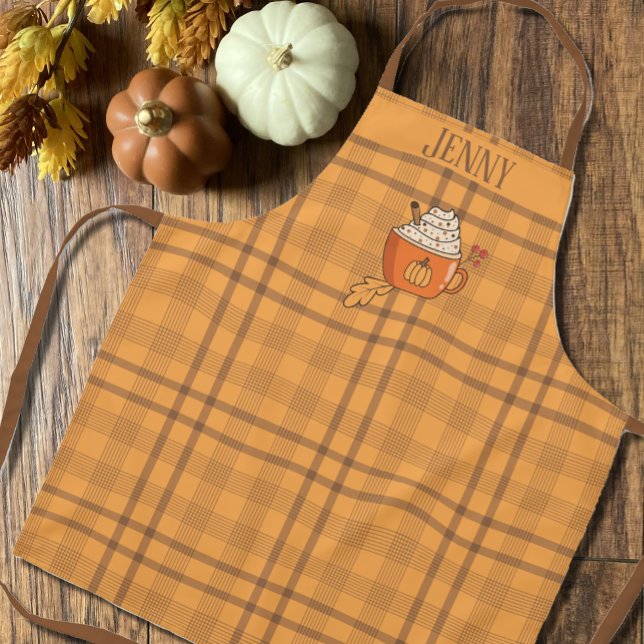 Tablier Orange DoodMug Brown Ochre Tartan Motif Apron (Lovely fall apron with name featuring an ochre and brown Tartan pattern and a cute orange mug doodle)