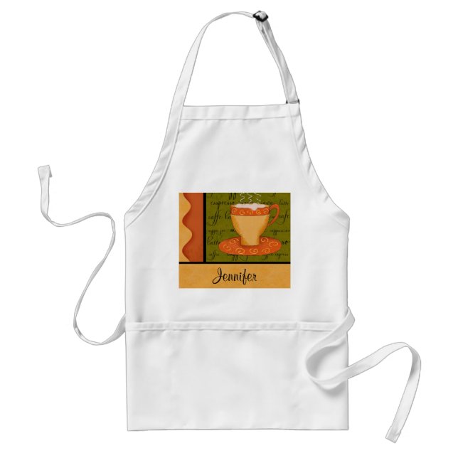 Tablier Orange Gold Green Coffee Cup Art Nom personnalisé (Devant)