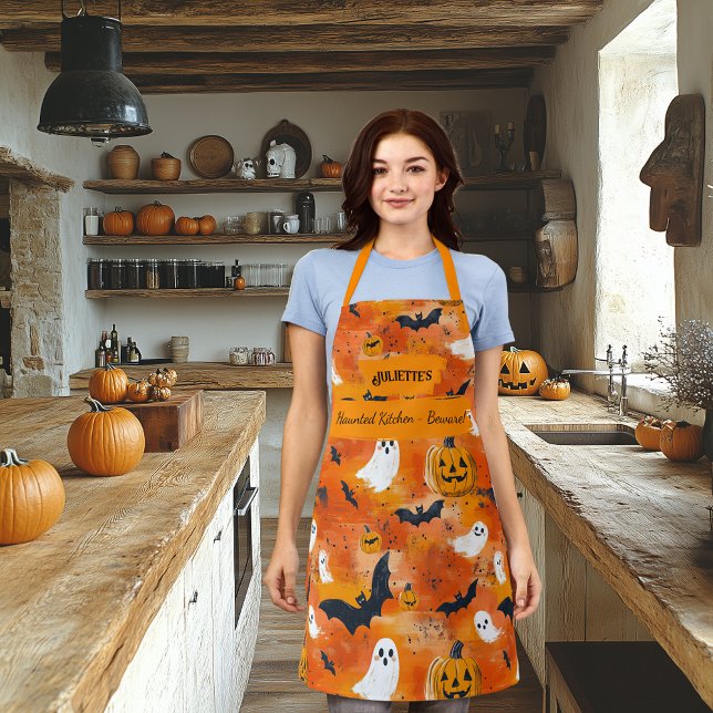 Tablier Orange Halloween avec fantômes, citrouilles et cha (Créateur téléchargé)