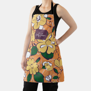 Tablier Orange Rétro Botanique Fleurs Jaunes Nom Personnal