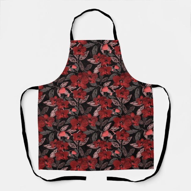 Tablier Orchidées rouges sur noir. (Recto)