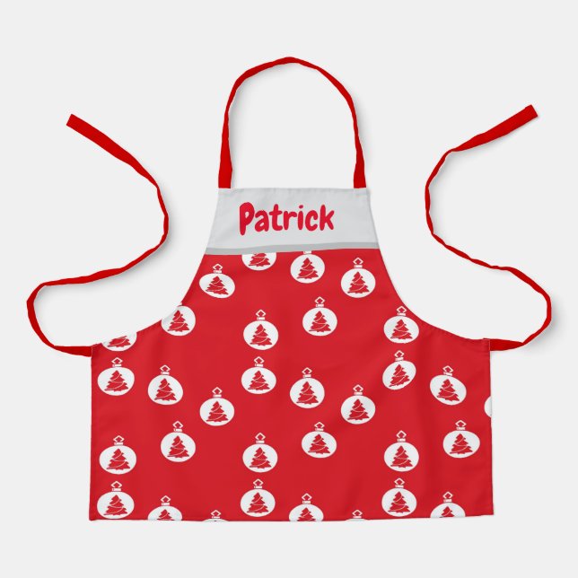 Tablier Ornements d'arbre blanc sur rouge (Recto)