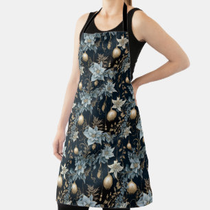 Tablier Ornements de Noël bleu et or Poinsettias