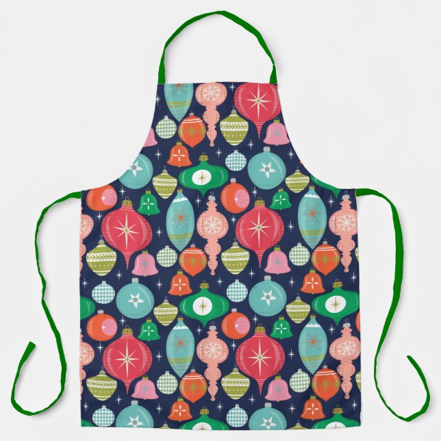 Tablier Ornements rétro de Noël bleu (Recto)