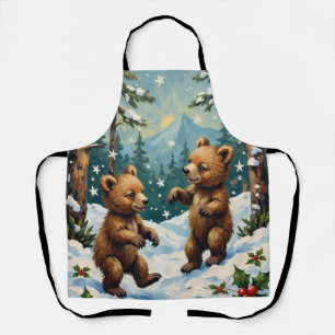 Tablier Ours en peluche vintage jouant dans un Noël enneig