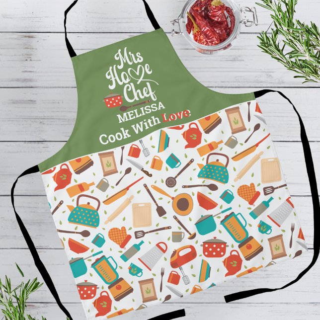Tablier Outils de cuisine verts mignons modernes Ustensile (Créateur téléchargé)