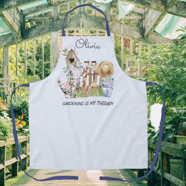 Tablier Outils de jardinage floraux à l'aquarelle et citat (In situ)