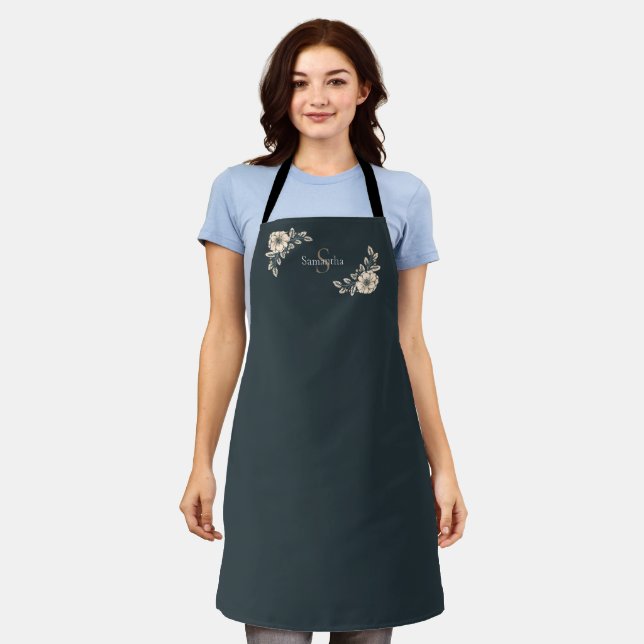 Tablier Oxford Blue Or Monogramme Élégantes Fleurs (Porté)
