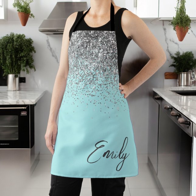 Tablier Paillettes Monogramme Féminin Bleu Aqua Sarcelle (Créateur téléchargé)