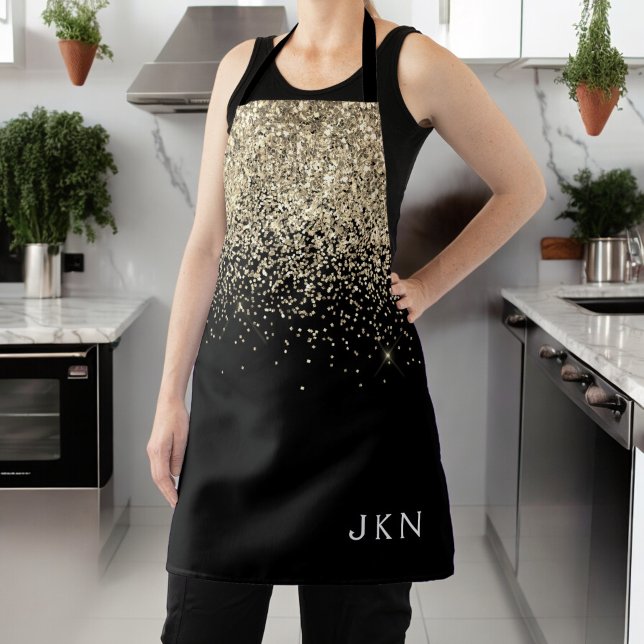 Tablier Paillettes Noir Or Féminin Monogramme Initiales (Créateur téléchargé)