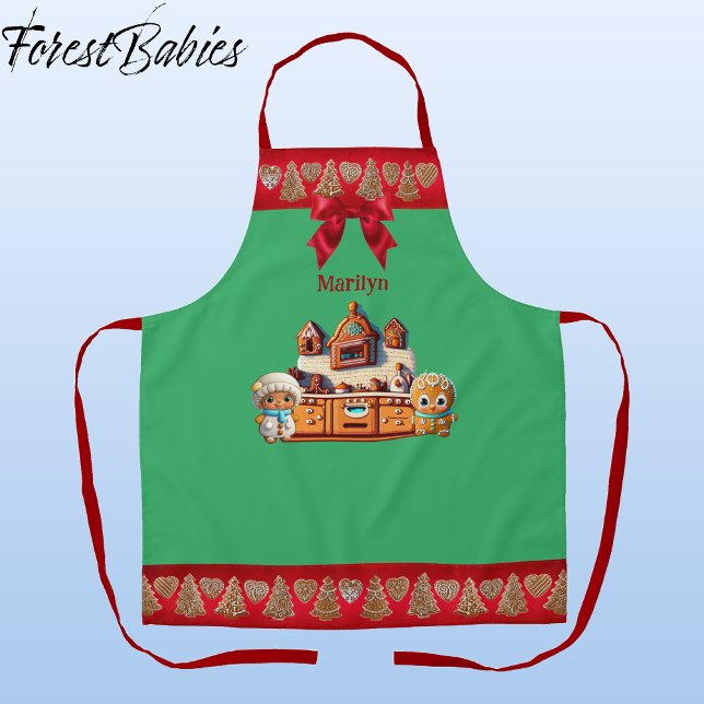 Tablier Pain d'épices Cuisine garçon & fille Cookie Graphi (Gingerbread Kitchen, Man, Boy & Woman, Girl Christmas 🎄Customizable ForestBabies Apron)