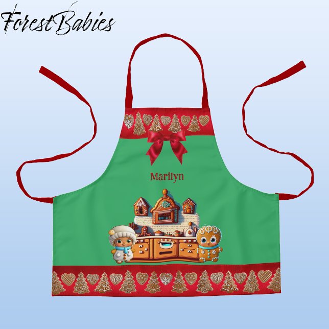 Tablier Pain d'épices Cuisine garçon & fille Cookie Graphi (Gingerbread Kitchen, Man, Boy & Woman, Girl Christmas 🎄Customizable ForestBabies Apron)