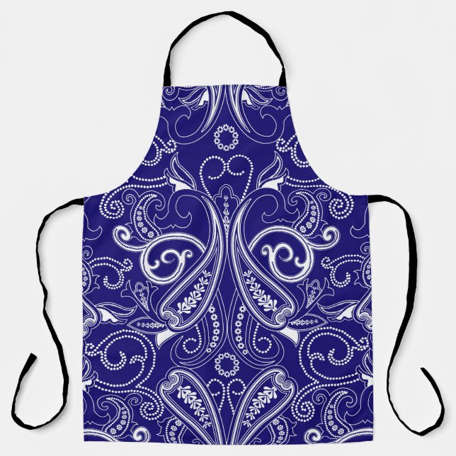 Tablier Paisley monochrome : bleu, blanc élégance. (Recto)