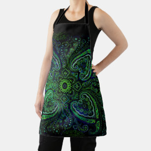 Tablier Paisley Nostalgique en Verts sur Fond Noir