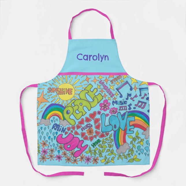 Tablier Paix, Amour, Joie. Dessin rétro des années 1960, v (Recto)