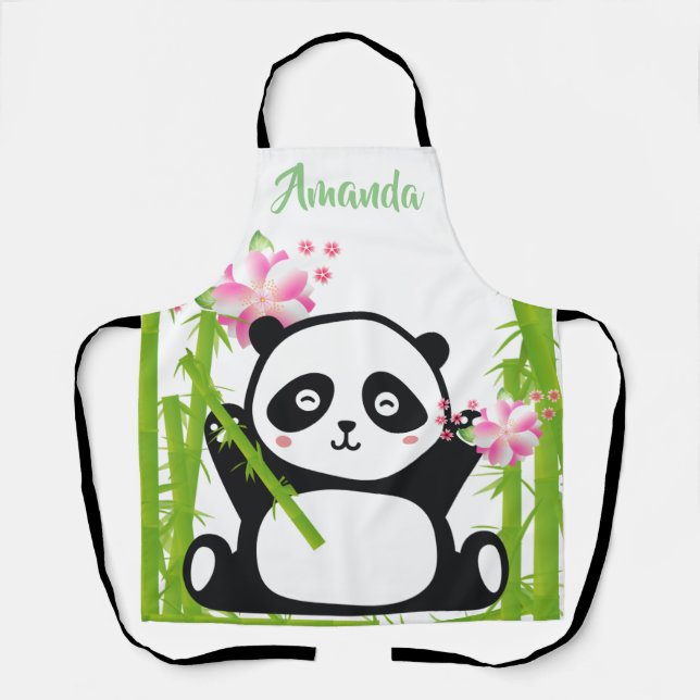 Tablier Panda heureux avec bambou et fleurs de cerisiers (Recto)