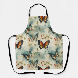 Tablier Papier Botanique Papillon Sarcelle Vintage