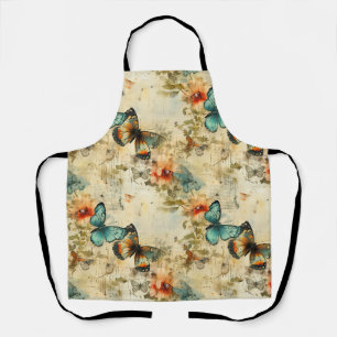 Tablier Papier floral papillon sarcelle orange antique