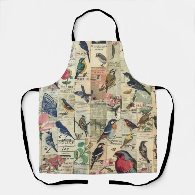 Tablier Papier journal papeterie botanique papillon oiseau (Recto)