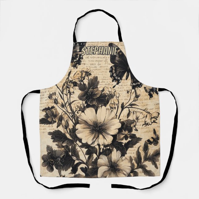 Tablier Papier parchemin fleur sauvage papillon noir blanc (Recto)