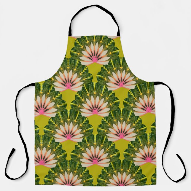 Tablier Papier peint en lotus stylisé : rose, vert. (Recto)
