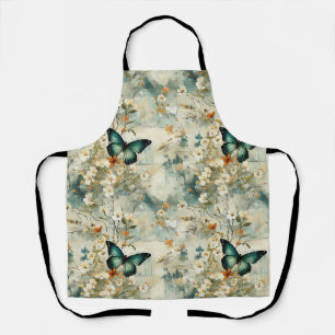 Tablier Papier peint papillon sarcelle floral sauge terrac