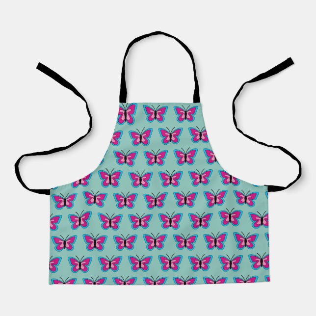 Tablier Papillon bleu magenta rose (Recto)